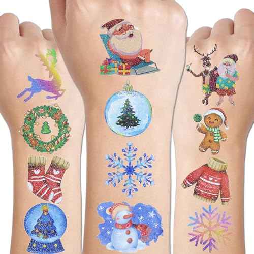 Glitter Christmas Tattoos for Kids Party Supplies - 12 Sheets Christmas Tattoos for Kids Christmas Xmas Party Favors, Stocking Stuffer, Christmas Eve Gift