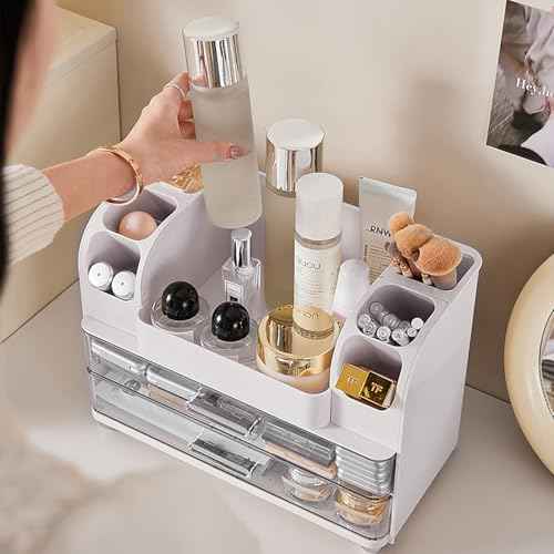 Makeup Organizer with Drawers for Vanity,Bathroom Countertop Organizer with Brushes Holder,Skincare Storage Organizer,Perfect Cosmetic Display Case for Skincare,Lipstick and Beauty Essential (White)