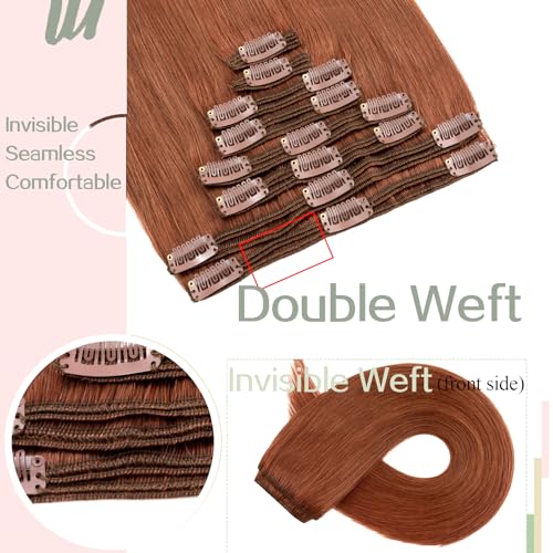 S-noilite Clip in Human Hair Extensions 100% Real Remy Thick True Double Weft Clip in Hair Extensions Full Head 8 Pieces 18 Clips Straight Silky (14 Inch - 120g,Dark Auburn (#33))