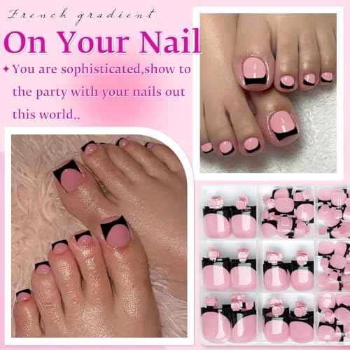 LuckForever 180pc Black French Tips Press on Toenails Women Glue on Toe Nails, French Fake Toe Nails Press ons Nail Square Pink Acrylic Press on Toes Nail Tips Artificial Stick Toenail Tip