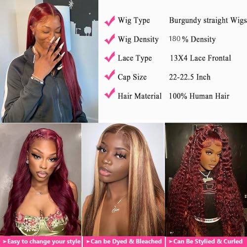 26 Inch 99j Burgundy Lace Front Wigs Human Hair Pre Plucked 13x4 Straight Lace Frontal Wigs Human Hair Win Red Colored Wigs for Black Women Straight Wigs Human Hair Natural Hairline