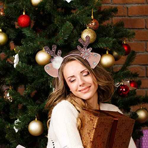 DIUEWOW Reindeer Antlers Headband Christmas Deer Horn Ears Head Band Glitter Pink Hair Hoop Snowflake Deer Antler Headpiece Elk Antler Cat Headdress Christmas Headband for Women Girl Hair Accessories