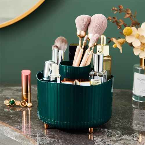 Anyoifax 360¡Æ Rotating Makeup Brush Holder Organizer, Make up Brushes Cup for Vanity, 5 Slot Spinning Makeup Organizers for Cosmetics, Lipstick, Pen, Teal Green
