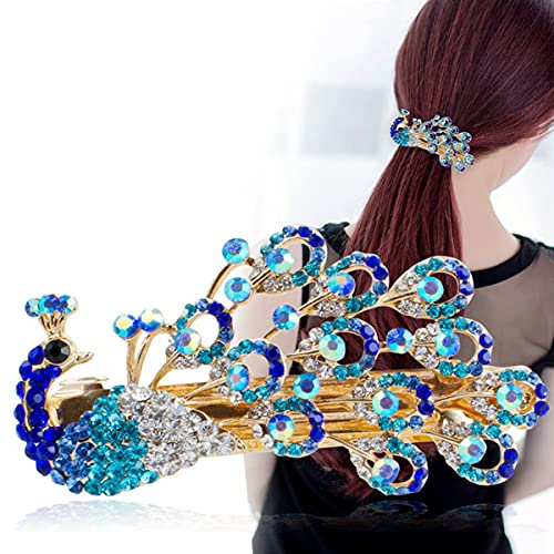 Yusier Peacock Rhinestone Hair Clip Decorative Hair Clips for Women Color Diamond Metal Hair Clip Women's Prom Hair Accessories Spring Clip Peacock Animal Shape Side Hairpin (Blue)