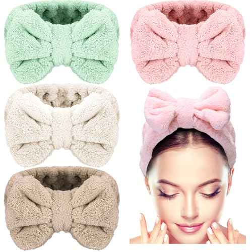 4 Pack Makeup Spa Headband Microfiber Bow Towel Soft Fluffy Washing Face Headband for Women Girls Shower Bath Skincare (Light Pink, White, Green, Brown)
