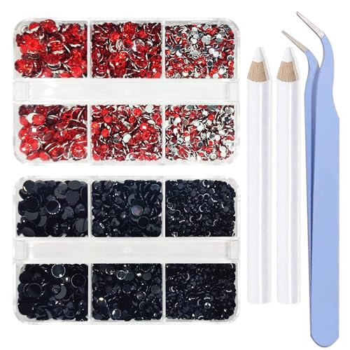 8000 Pieces Red & Black Non Hotfix Flat Back Gems Round Resin Rhinestones Kit 4 Mixed Sizes£¨2-5mm£© with Picking Pen and Tweezer for Nails Crafts Makeup Eyes DIY Christmas Gift Clothes Phone Bottles