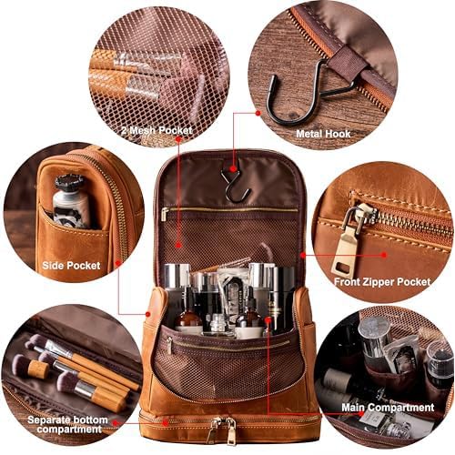 EURYNOME Travel Toiletry Bag For Men, Genuine Leather Shaving Dopp Kit Bottom Storage Holds More (11x8.6x4.7)-Mens Toiletry Bag -Leather Makeup Cosmetic Organizer Kit - Men Travel Toiletries Bag