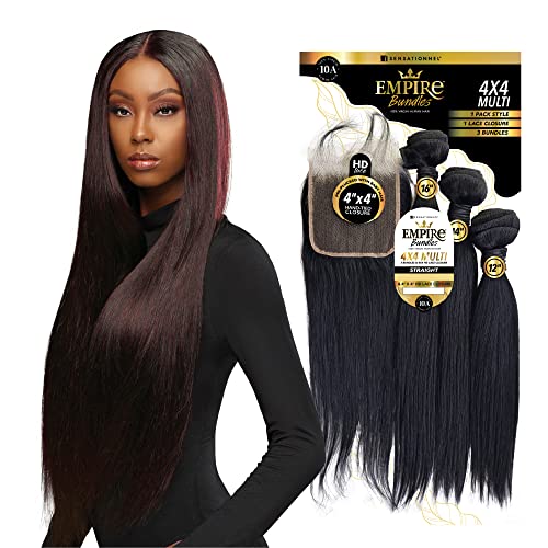 Sensationnel Empire bundles multi - straight with 4x4 closure 10a tangle shed free human hair for weaving and sew in styles (14 16 18 Inch, NATURAL)