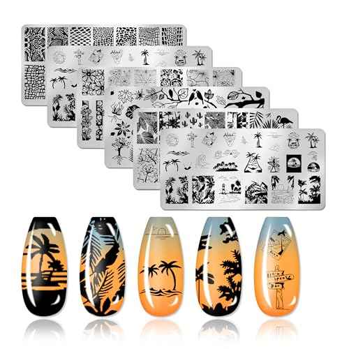 6pcs Nature Theme Nail Stamping Plates Leaf Island Scenery Flower Lace Snake Image Plates Christmas Nail Art Stamping Kit Nail Stamping Plates for Nails(4.72 x 2.36 Inches)