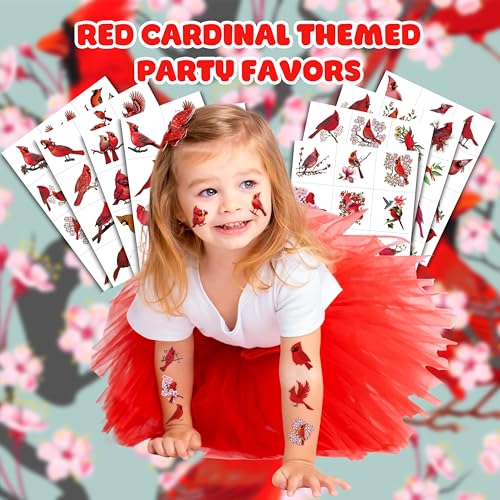 96 PCS Red Cardinal Bird Pre-cut Temporary Tattoos Stickers Spring Flower Themed Party Supplies Birthday Decorations Favors Cute Fake Tattoo Gifts for Kids Girls Boys Decor School Reward Christmas