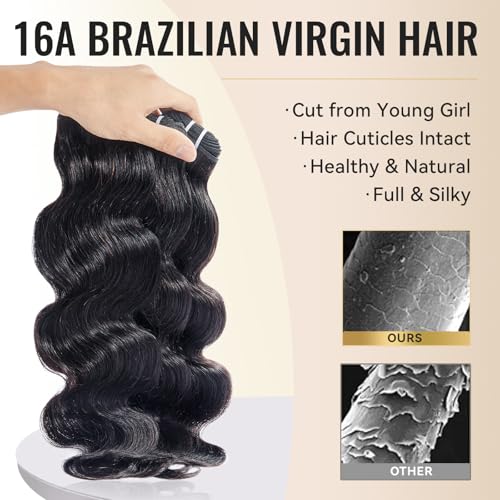 WEQUEEN Body Wave Bundles Human Hair 16A Brazilian Virgin Hair Bundles 14 16 18 Inch Thick Weave Natural Black