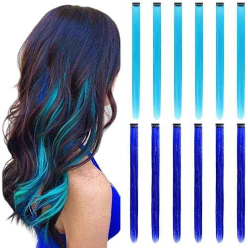 Colored Hair Extensions Clip In, 12 Pieces, 6 Blue + 6 Teal Blue