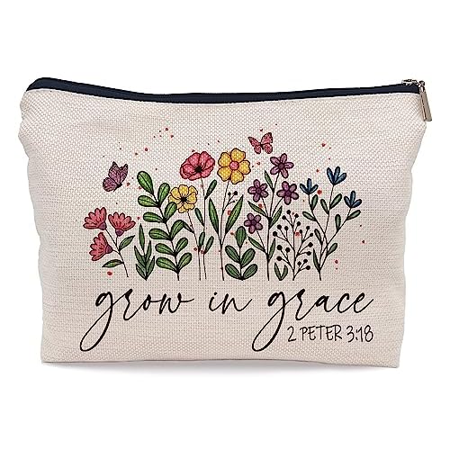 Ayxvt Christian Bible Scripture 2 Peter 3:18 Grow in Grace Colorful Flower Makeup Bag Decorative Women's Cosmetic Bag Zipper Pouch Travel Toiletry,Christian Gifts for Women Faith