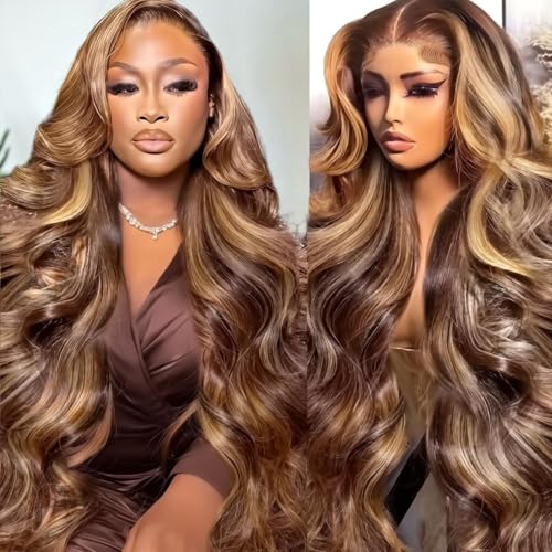 AMIRTY Highlight Ombre Lace Front Wig Human Hair Honey Blonde Body Wave 13x6x1 HD Lace Front Wigs Human Hair Pre Plucked 250 Density Brown 4/27 Colored Lace Frontal Glueless Wigs for Women 20 Inch