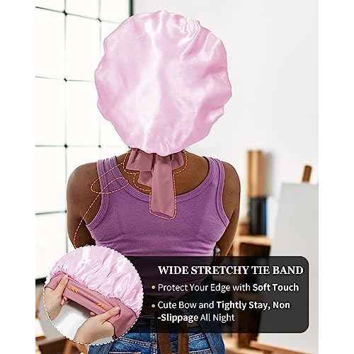 Satin Bonnet for Women Silk Bonnets for Sleeping Curly Hair Bonnet with Elastic Tie Band Reversible Double Layer Sleep Cap Hair Wrap (Bean Paste + Pink)