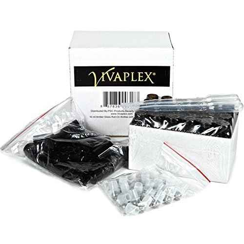 Vivaplex, 24, Amber, 10 ml Glass Roll-on Bottles with Stainless Steel Roller Balls. 3-3 ml Droppers included