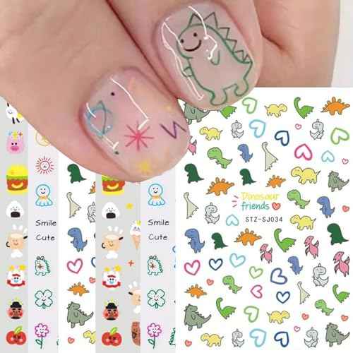 6 Sheets Cute Cartoon Nail Art Stickers Decals Colorful Dinosaur Hearts Nail Decals Kawaii 3D Self-Adhesive Nail Design Manicure Sliders Dinosaur Nail Art Supplies for Women DIY Nail Decorations