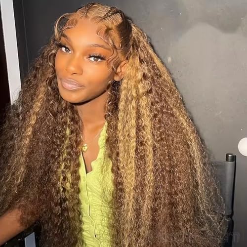 Highlight Honey Blonde Deep Wave Lace Front Wig 13¡¿6 Ombre P4/27 Highlight colored Lace Front Wigs Human Hair Pre Plucked Bleached Knots 200% Density (13x6 Honey Deep, 18 inch)
