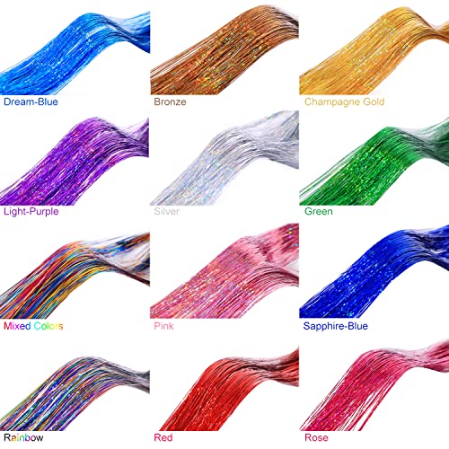Hair Tinsel Kit with Tools and Instruction Easy to Use 12 Colors 2400 Strands 47 Inches Glitter Tinsel Hair Extensions for Women and Girls, Sparkling Shinny Fairy Hair Accessories for Christmas New Year Halloween Cosplay Party