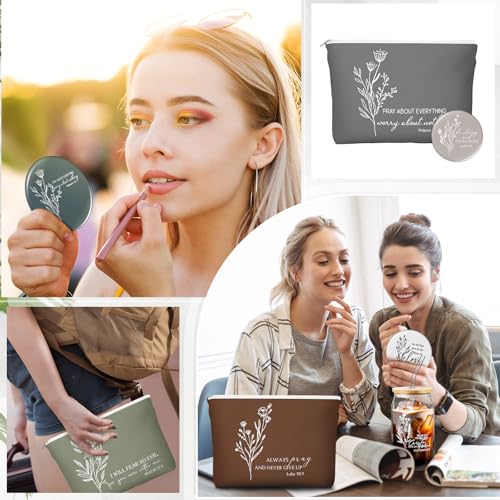 Fumete Christian Gift for Women Sunday School Teacher Thanksgiving Flower Makeup Bag Bible Verse Coffee Cup with Bamboo Lid Straw Pastor Wife Mini Compact Mirror Religious Church Gift(Bible-d,10 Sets)