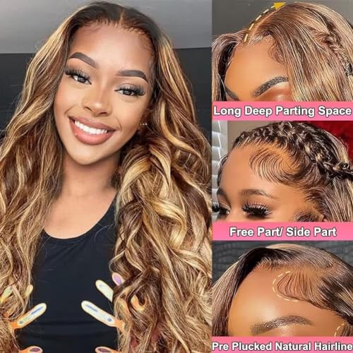 Highlight Ombre 360 Body Wave Lace Front Wigs Human Hair Pre Plucked with Baby Hair Honey Blonde 360 HD Lace Frontal Wigs Full Lace for Women 20inch