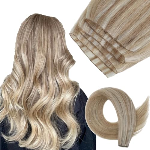 ABH AMAZINGBEAUTY HAIR Genius Weft Hair Extensions Human Hair Sew in Hair Extensions Real Human Hair Weft Extensions Hand Tied Virgin Hair 50G, #P8/60 Ash Brown Highlighted Platinum Blonde 20 Inch