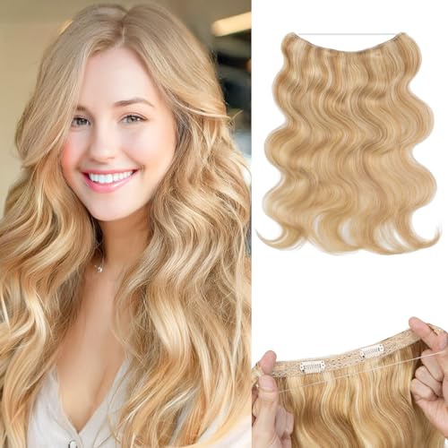 Halo Hair Extensions Real Human Hair Wavy Invisible Wire Hairpiece Adjustable One Piece With 2 Secure Clips For Women to Add Length,16 Inch 18P613 Gold Blonde Mixed Bleach Blonde,65g
