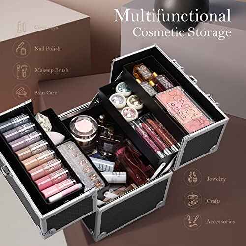 Frenessa Makeup Train Case Cosmetic Organizer Case Professional Makeup Storage Box 4 Trays with Divider Lockable Travel Case Portable Travel Makeup Box for Makeup Artist, Carfter, Cosmetics Black