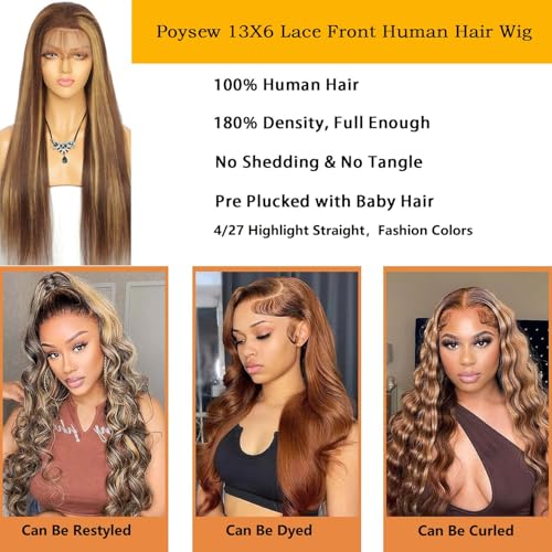 26inch Ombre Lace Front Wig Human Hair Highlight 13x6 Straight Lace Front Wigs 180% Density 4/27 Colored Honey Blonde Lace Frontal Wigs