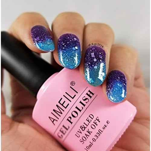 AIMEILI Soak Off U V LED Temperature Color Changing Chameleon Gel Nail Polish - Glitter Purple to Glitter Blue Full Shimmer/Diamond (TC06) 10ml