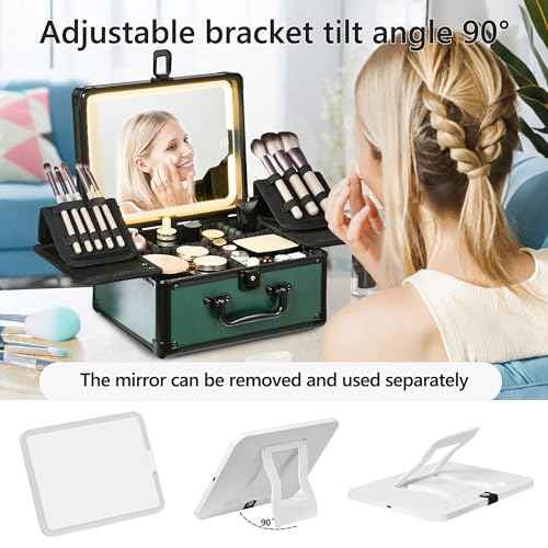 Makeup Case with Lighted Mirror, Makeup Box Organizer with Detachable LED Mirror, Travel Makeup Train Case, Waterproof Cosmetic Organizer, Standing Makeup Brush Holder, Gift, Black Green