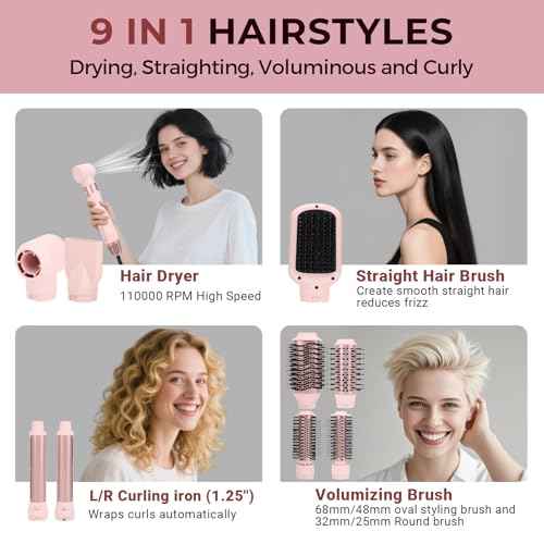 9 in 1 Multi Styler, Powerful Hair Dryer Brush Set, Styling Without Heat Damage, Fast Drying Curling Volumizing Straightening, Includes Protective Travel Bag