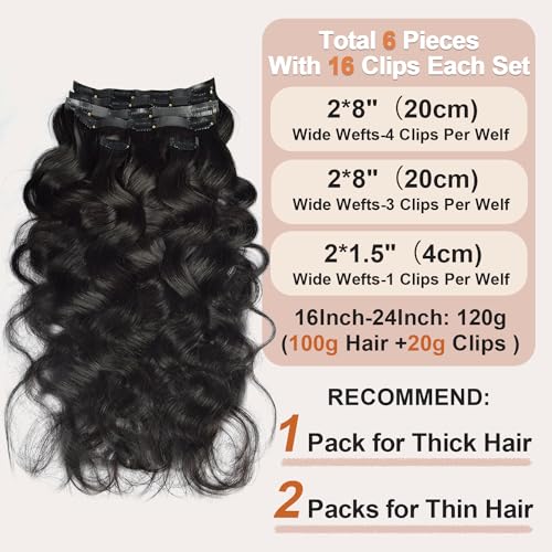 Body Wave Clip in Hair Extensions Real Human Hair Clip ins 100% Brazilian Virgin Hair PU Seamless Clip in Hair Extensions Human Hair Natural Black Hair for Women 120 Gram 6 Pcs 22Inch