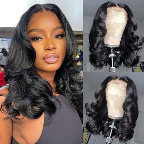 13X6 16inch 230%Density Natural Black Bob Wig Human Hair, Body Wave Wig Human Hair, Short Bob Lace Front Wigs Human Hair, Bob Wigs For Black Women, Pre Plucked With Baby Hair HD Transparent Lace