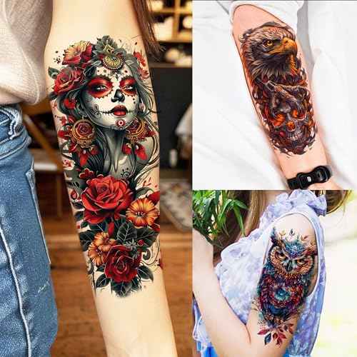71 Sheets Dead Skull Temporary Tattoos For Women Men Adults, Old School Halloween Fake Tattoo Stickers Tiger Wolf Lion Dragon Flowers, Temp Punk Gothic Chicano Carp Skeleton Tattoo Indian Eagle Floral