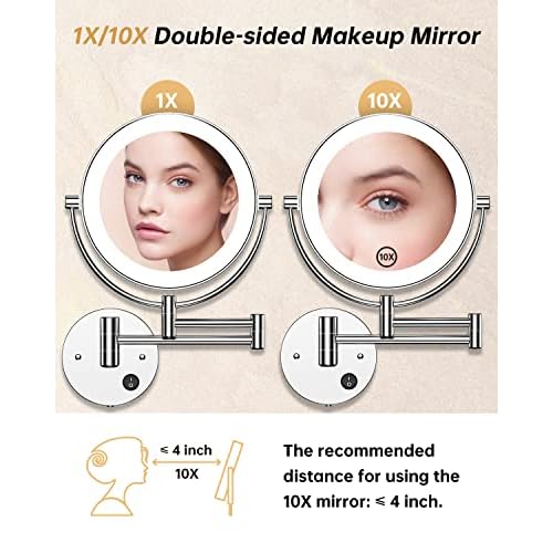 Gospire 8.5" Wall Mounted Lighted Magnifying Mirror, 1X/10X Double-Sided Magnification Round LED Cosmetic Vanity Bathroom Mirror Extendable Arm 360¡Æ Swivel for Shaving Makeup
