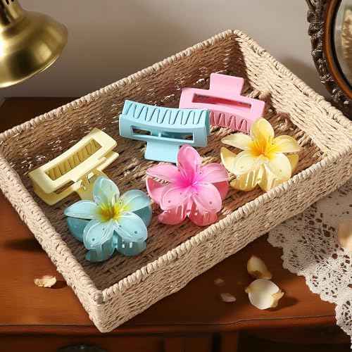 Flower Hair Clips for Women Square Claw Clips for Girls 2 Styles Hair Claw Clips for Thick or Thin Hair 6 PCS Hawaiian Hibiscus Rectangle Large Plumeria Medium Hair Accessories for Women (Pink)