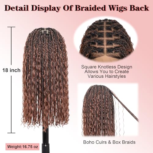 13x8 Inch HD Lace Short Boho Braided Wig Knotless Braided Wigs for Women with Curly End Synthetic Hair Box Braid Wig with Baby Hair Brown 18 Inch