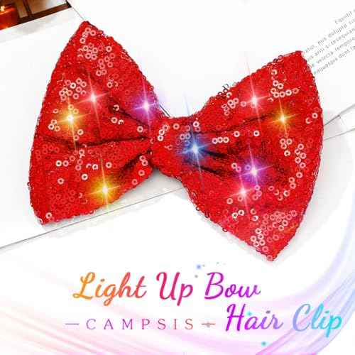 Campsis Light Up Hair Bow Clip, Red Sparkly Sequin Bowknot Hair Piece, Carnival Festival Costume Hair Accessories for Women(Red)