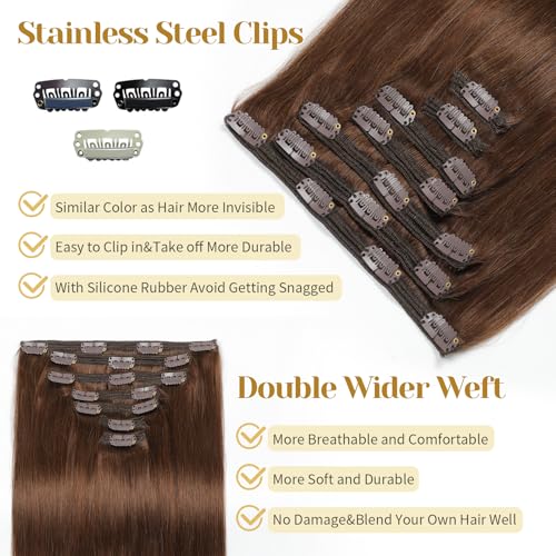 Clip in Hair Extensions Real Human Hair, Chocolate Brown ? 18 Inch 7pcs 150g/Pack, Soft Remy Human Hair Clip in Extensions Straight for Women, Suitable for all Hair Types (#4 18 Inch)
