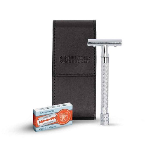 MERKUR 5005 Travel Shaving Set featuring MERKUR 23C Three-piece Safety Razor with Long Handle & Bright Chrome Finish, 10 Double Edge Blades & Black Leather Case | Made In Germany