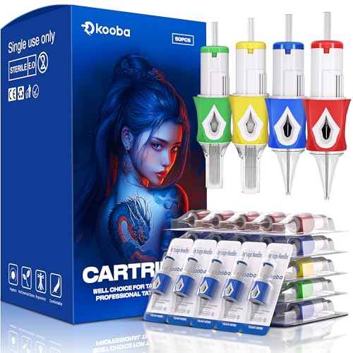 50Pcs Tattoo Cartridge Needles Assorted Mixed Size #12 Standard Round Liner Shader Curved Magnum -5Pcs Each of 3RL 5RL 7RL 9RL 5RS 9RS 9M1 15M1 9RM 15RM with Membrane Safety Cartridges for Tattoo Gun