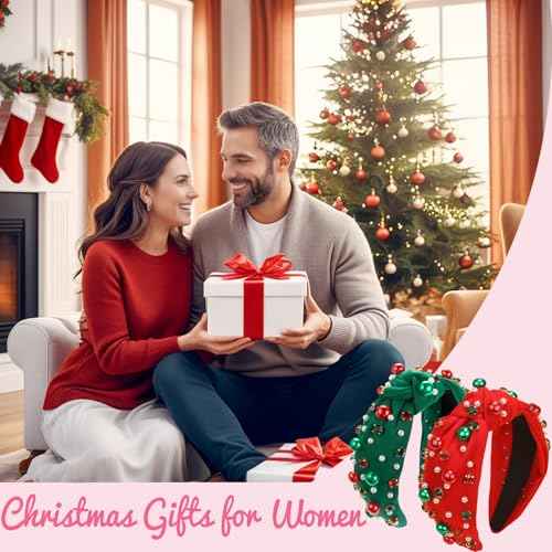 2 Pcs Christmas knotted Headbands for Women Girls Red Green Pearl Rhinestone Headband with Jewel Crystal Winter Christmas Holiday Gifts for Women