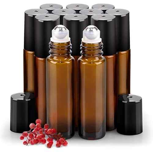 sungwoo 12 Pack Essential Oil Roller Bottles Stainless Steel, 10ml Amber Glass Roller Bottles with Caps for Travel, Perfume and Lip Gloss