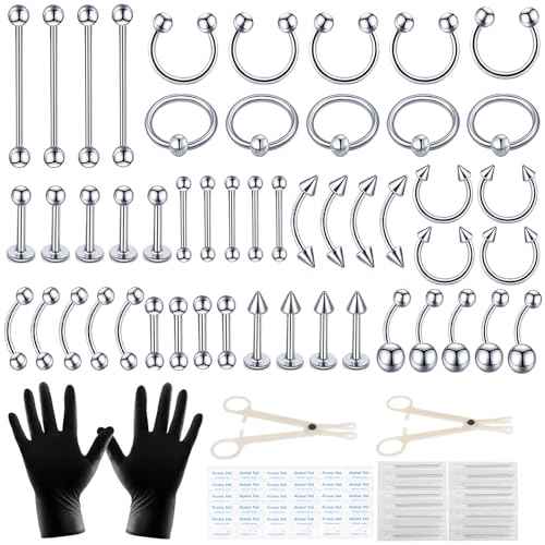 104pcs Piercing Kit 14G16G Kit Piercing Kits for all piercings (Stainless steel color)