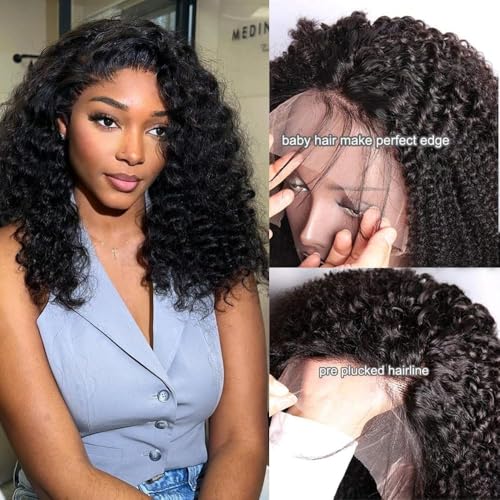 Kinky Curly Bob Wig Human Hair 12 Inch 13x6 Lace Front Wigs 220% Density Glueless Pre Plucked with Baby Hair for Black Women Afro Kinky Curly Bob HD Lace Frontal Wigs