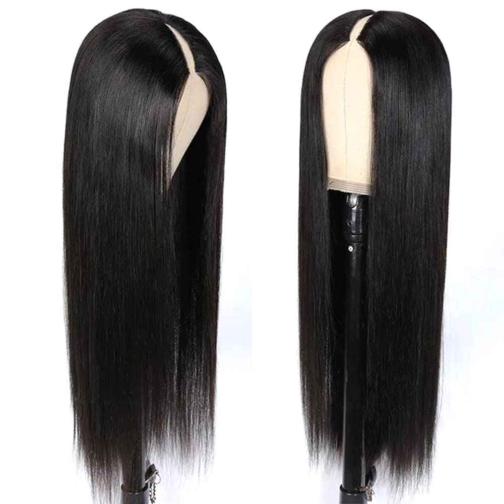 22Inch V Part Wigs Human Hair Straight Brazilian Human Hair Wigs for Black Women Upgrade U Part Wigs No Sew in NO Glue Half Wigs Human Hair 180% Density Natural Color