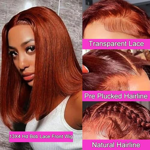 16 Inch Reddish Brown Bob Wigs Human Hair 13X4 Straight HD Transparent #33 Reddish Brown Bob Lace Front Wigs Human Hair Wear and Go Glueless Wig Pre Plucked Colored Hd Lace Frontal Wig for Black Women