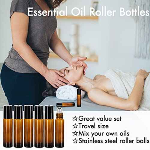 6 Pack Essential Oil Roller Bottles - 10ml Amber Glass Roll-On Bottles with Stainless Steel Roller Balls, Labels, 1*Openers, 1*Funnels, 1*Dropper