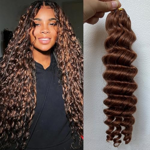 Deep Wave Crochet Human Hair Extensions Brazilian Virgin Feather Human Hair Bundles Pre Separated Braiding Hair Pre Looped for Boho Braids For Black Women Walnut Hair #30 Hair Color 16inch 60g